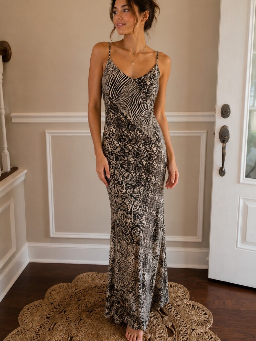 Women's Y2K Black & Cream Patterned Slip Maxi Dress 100% Silk